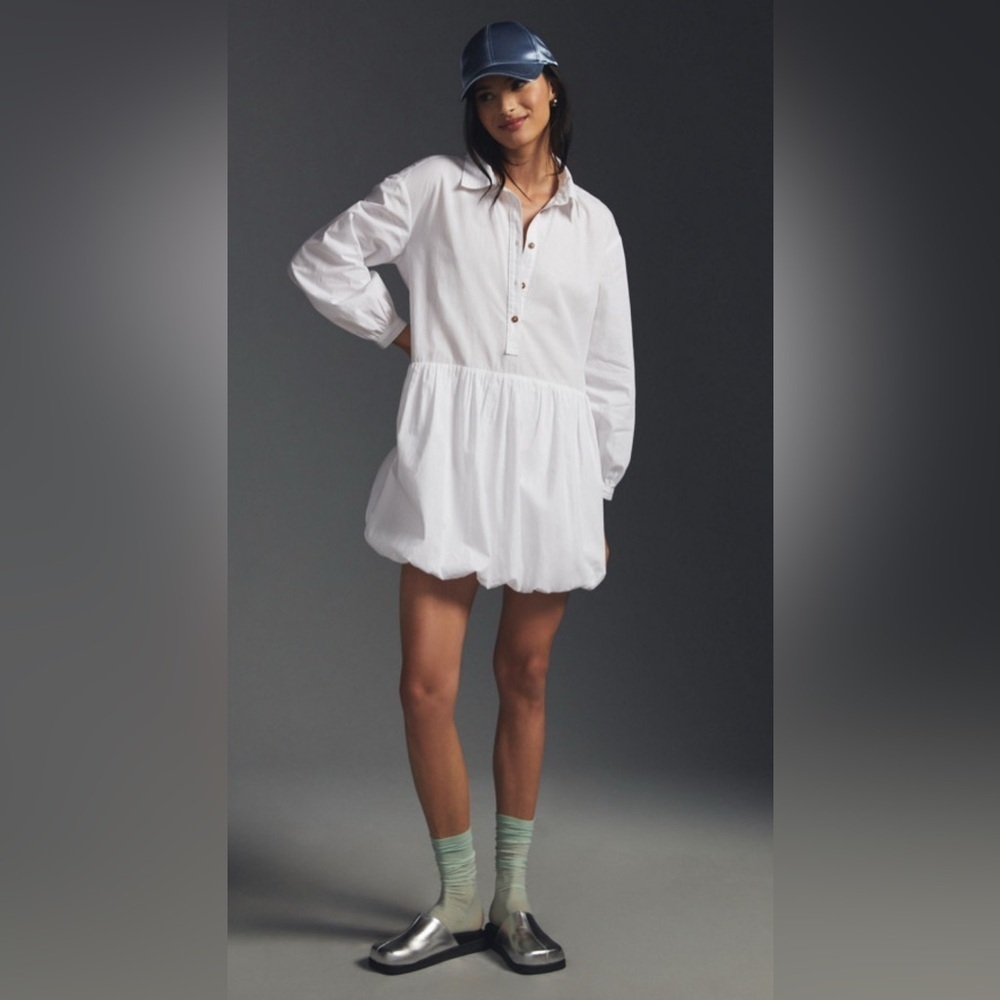 Maeve By Anthropologie Bubble-Hem Shirt Dress‎ in White, Size S